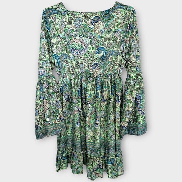 Womens Boho Dress Ruffle Flare‎ Sleeves Bohemian Blue Green Floral V Neck Boho - Picture 2 of 12